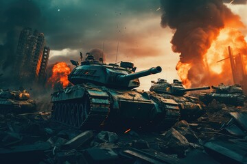 Tanks invading a bombed city. Apocalyptic Scene. Generative AI