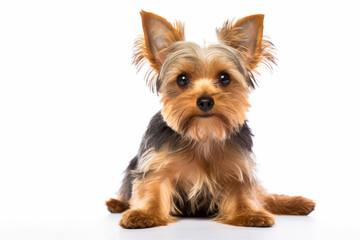 Small dog sitting on white surface with black and brown face.