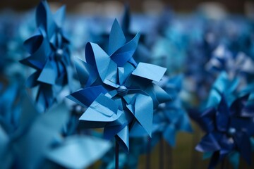 Detailed view of vibrant blue pinwheels, symbolic of national child abuse prevention month. Generative AI - obrazy, fototapety, plakaty