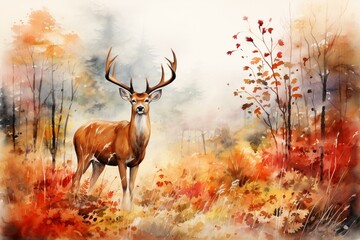 Autumnal watercolor: European forest, trees, wildflowers, deer. Generative AI
