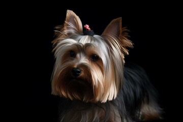 A charming Yorkshire Terrier on a black background. Generative AI