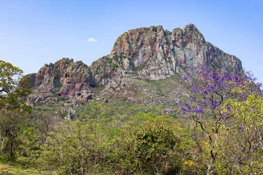 Exploring the Serrania de Chochis with the gigantic reddish rock formation Torre de David near the picturesque village Chochis near Santa Cruz de la Sierra in Bolivia - Traveling South America