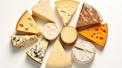 Set of different cheeses on white background. Top view.