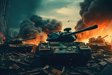 Tanks invading a bombed city. Apocalyptic Scene. Generative AI