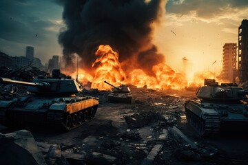Tanks invading a bombed city. Apocalyptic Scene. Generative AI
