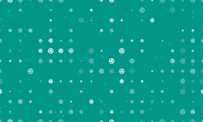 Seamless background pattern of evenly spaced white roundabout signs of different sizes and opacity. Vector illustration on teal background with stars