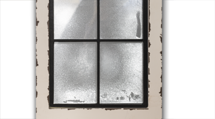 Old wooden window is covered with snowflakes in winter. Window is isolated against transparent background. Background for Christmas decorations.