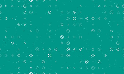 Seamless background pattern of evenly spaced white no parking signs of different sizes and opacity. Vector illustration on teal background with stars