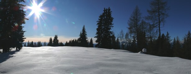 Panoramic view of Hafling in winter with snow. - obrazy, fototapety, plakaty