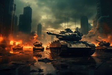 Tanks invading a bombed city. Apocalyptic Scene. Generative AI