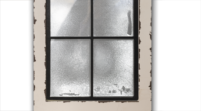 Old wooden window is covered with snowflakes in winter. Window is isolated against transparent background. Background for Christmas decorations. - Powered by Adobe