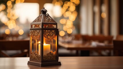 Fototapeta na wymiar captivating image of a beautiful white decorative lantern, enhancing any space with its soft glow against a background of blurred lights.
