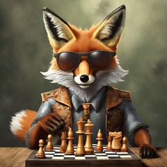 Zorro con gafas de sol y traje jugando al ajedrez