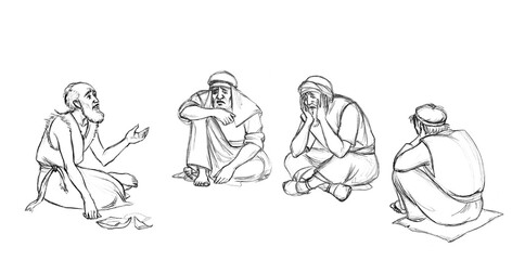 Pencil drawing. A beggar asks for alms