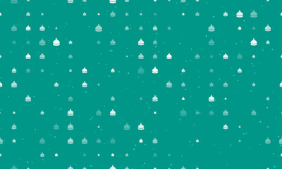 Seamless background pattern of evenly spaced white reception bell symbols of different sizes and opacity. Vector illustration on teal background with stars