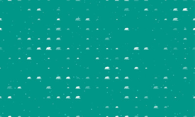 Seamless background pattern of evenly spaced white wild bear symbols of different sizes and opacity. Vector illustration on teal background with stars