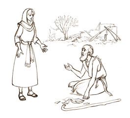 Pencil drawing. Job's wife complains about God