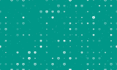 Seamless background pattern of evenly spaced white bear head symbols of different sizes and opacity. Vector illustration on teal background with stars