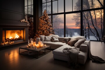 Fototapeta premium Decorated Christmas room with the Christmas tree decorated in gold , lit fireplace and candles at sunset