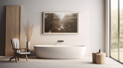 Interior of modern bathroom with white walls, concrete floor, comfortable white bathtub and wooden armchair. 3d render