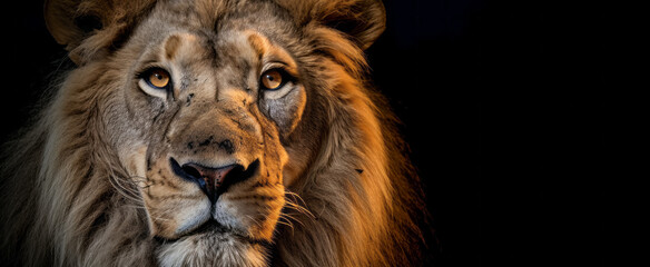 Portrait of a male lion on a black background