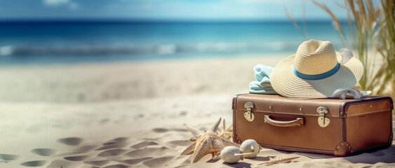 Vacation and travel concept. Suitcase with straw hat and starfish on the sand beach. Summer holiday concept