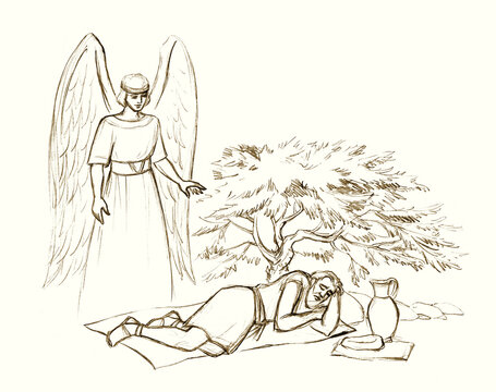 An angel appeared to the prophet Elijah. Pencil drawing