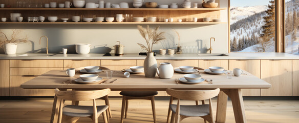Kitchen interior with wooden table, chairs and panoramic window. 3d render