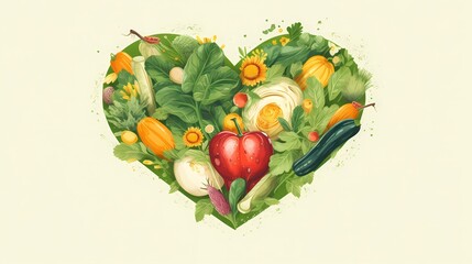 Heart made of fresh vegetables on white background