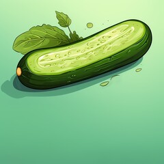 Cucumber with leaves and drops of water. Copy space
