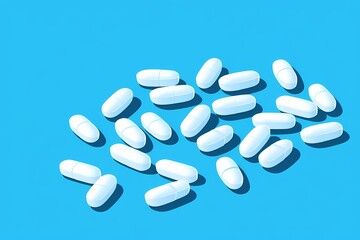White pills isolated on blue background