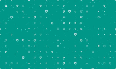Seamless background pattern of evenly spaced white tiger head symbols of different sizes and opacity. Vector illustration on teal background with stars