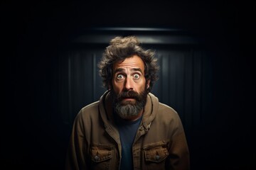 Fototapeta premium man beard and curly hair with measure of disbelief on dark wood background