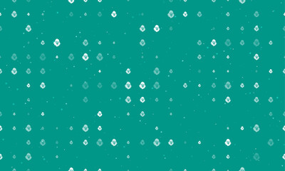 Seamless background pattern of evenly spaced white gorilla head symbols of different sizes and opacity. Vector illustration on teal background with stars