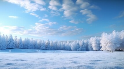 Photo of a serene winter landscape with snow-covered field and tall trees in the background
