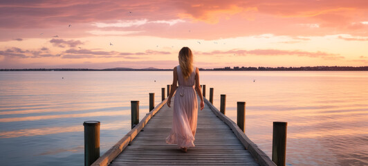 Young woman in a long white dress walking on a wooden pier at sunset.