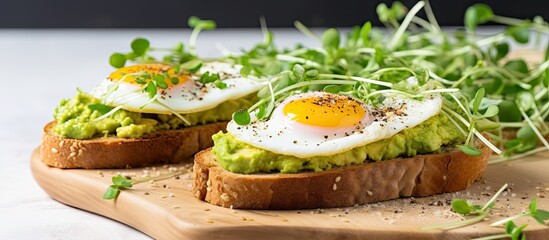 Healthy breakfast consisting of avocado egg sandwiches with whole grain toasts fried eggs and organic microgreens on white table