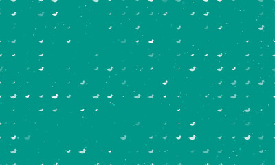 Seamless background pattern of evenly spaced white duck symbols of different sizes and opacity. Vector illustration on teal background with stars