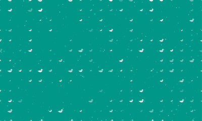 Seamless background pattern of evenly spaced white duck symbols of different sizes and opacity. Vector illustration on teal background with stars
