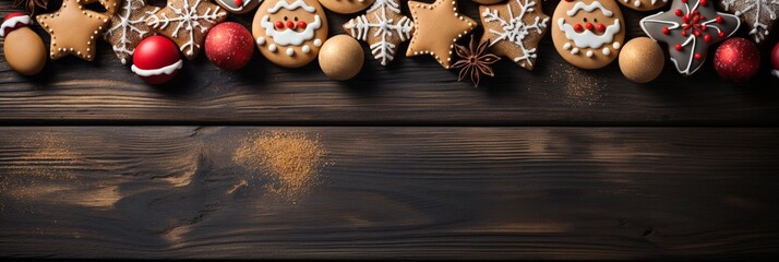 Gingerbread cookies of different shapes making saint shapes, star snowmen on wooden table - obrazy, fototapety, plakaty