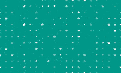Seamless background pattern of evenly spaced white maple leaf symbols of different sizes and opacity. Vector illustration on teal background with stars