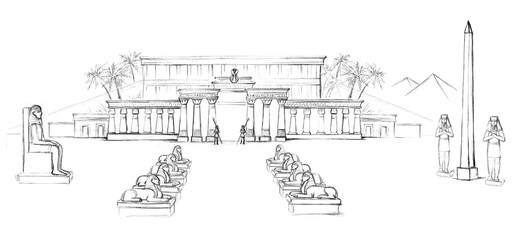 Pencil drawing. Ancient  Egypt palace