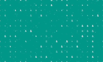 Seamless background pattern of evenly spaced white ampersand symbols of different sizes and opacity. Vector illustration on teal background with stars