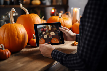 Thanksgiving home d?cor. Man taking photo with kitchen d?cor tablet for thanksgiving