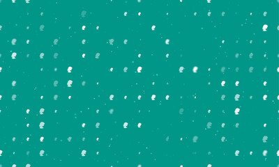 Seamless background pattern of evenly spaced white woman face profile symbols of different sizes and opacity. Vector illustration on teal background with stars