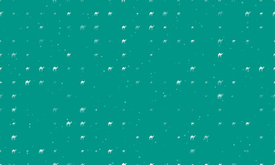 Seamless background pattern of evenly spaced white camel symbols of different sizes and opacity. Vector illustration on teal background with stars