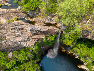 Aerial view of the scenic waterfall Chorro San Luis embedded in a thick, tropical forest near Robor&eacute; in the lowlands of Bolivia - Traveling and exploring South America