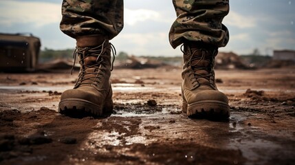 Israel Defense Force reserve duty soldiers with a focus on their sturdy military boots. A symbol of dedication and readiness - obrazy, fototapety, plakaty