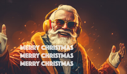 Merry Christmas card with Santa Claus in headphones, Post-processed generative AI