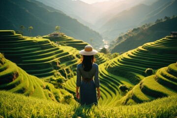 Asian woman enjoying rice terraces in Vietnam. AI Generated - obrazy, fototapety, plakaty